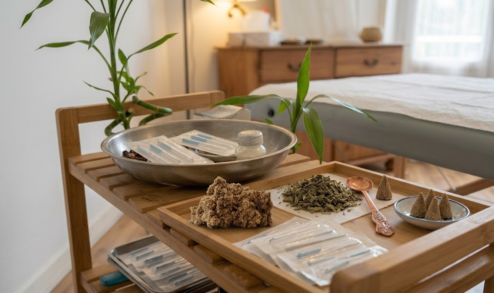 Matériel acupuncture — aiguilles, moxa, plantes